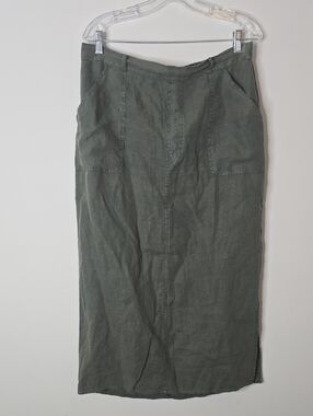 Artisan Ny Olive Green 100%  Linen Maxi Skirt with Front Pockets